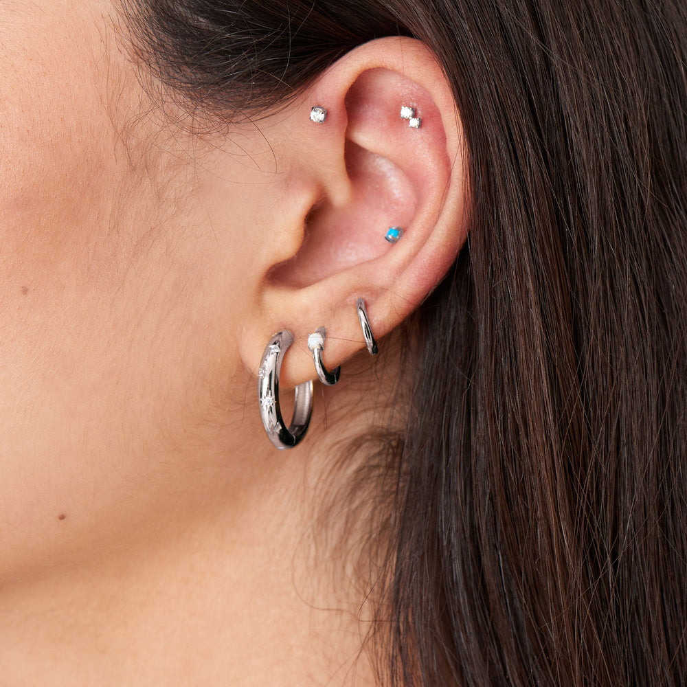 Silver Double Sparkle Bezel Barbell Single Earring