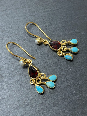 Pearl, Garnet and Turquoise Drop Earrings Sterling Silver