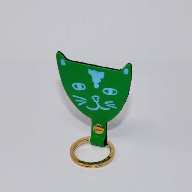Cat Head Embossed Leather Key Ring - Green