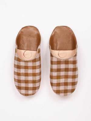 Margot Linen Babouche Slippers, Tan Check