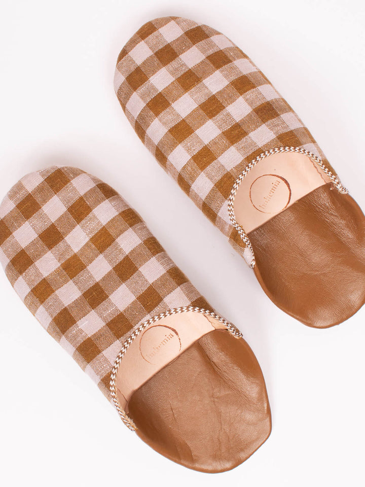 Margot Linen Babouche Slippers, Tan Check