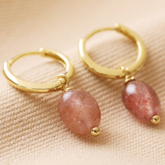 Strawberry Quartz Semi-Precious Stone Drop Huggies