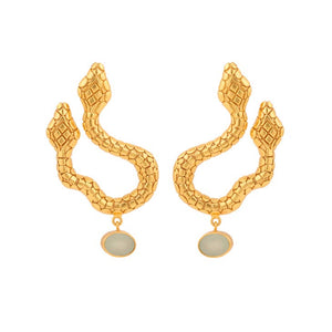 
                
                    Load image into Gallery viewer, ANFISBENA Snake Aquamarine Earrings - Cast Bronze Gold Plated
                
            