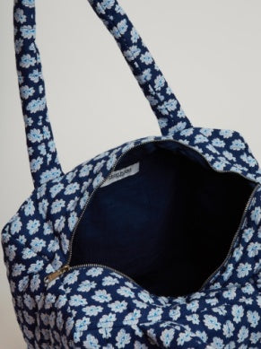 Block-Printed Aspen Quilted Zip-Up Cotton Tote Bag - Navy