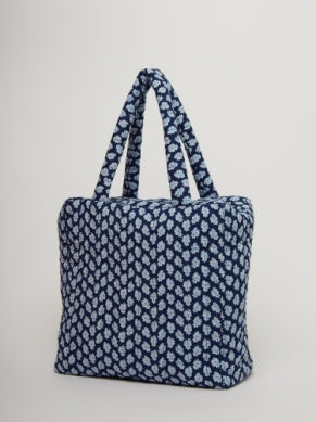 Block-Printed Aspen Quilted Zip-Up Cotton Tote Bag - Navy