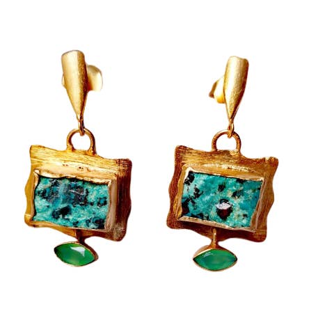 Creta Rough Crisocola and Crisopacio Drop Earrings - Cast Bronze Gold Plated