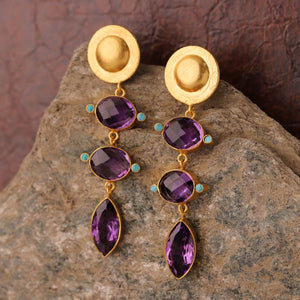 Diana Drop Amethyst and Turquoise Earrings - Cast Bronze Gold Plated