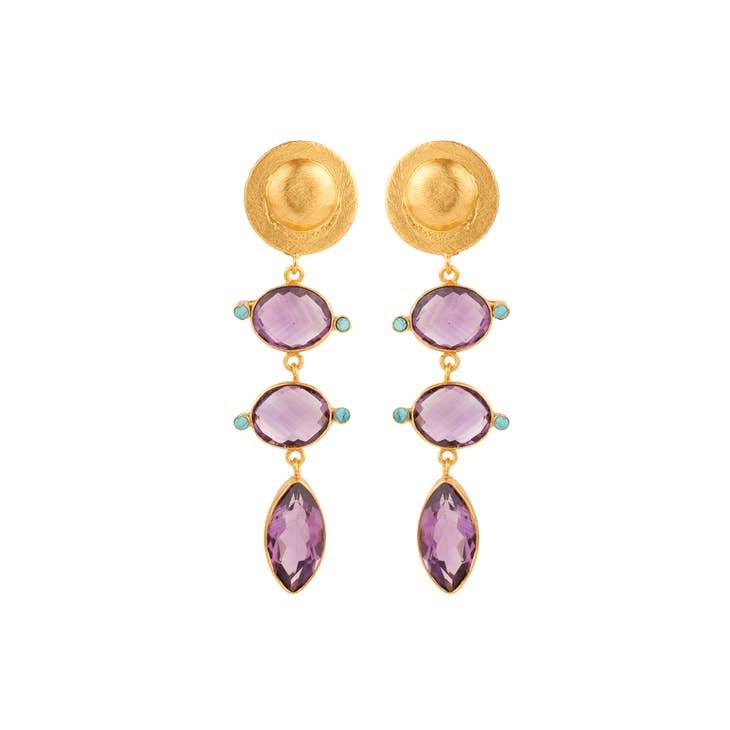 Diana Drop Amethyst and Turquoise Earrings - Cast Bronze Gold Plated