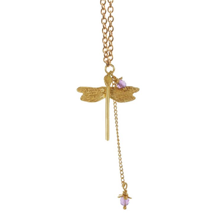 Dragonfly & Little Flower Pendant In Gold Plated Sterling Silver and Amethyst