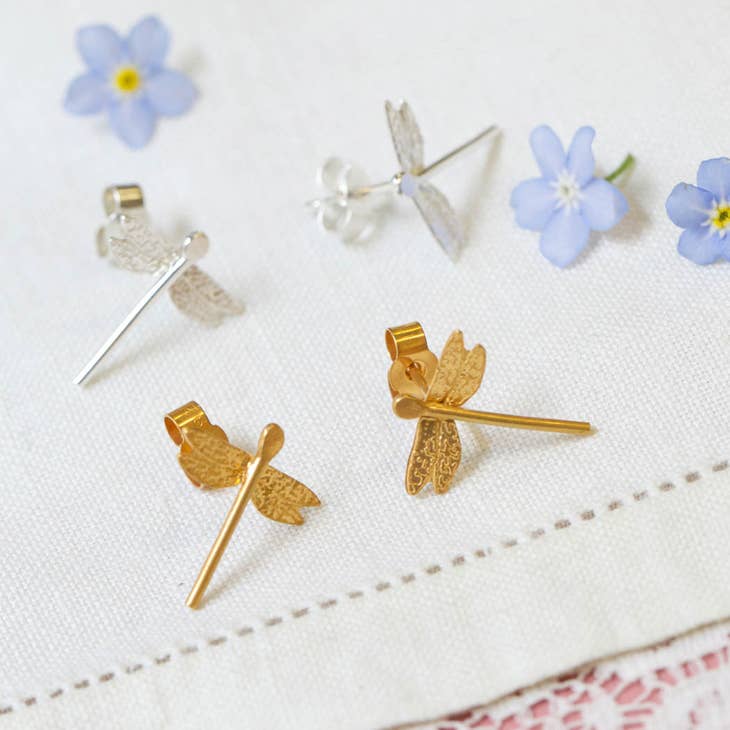 Dragonfly Stud Earrings In 22ct Gold Plated Sterling Silver