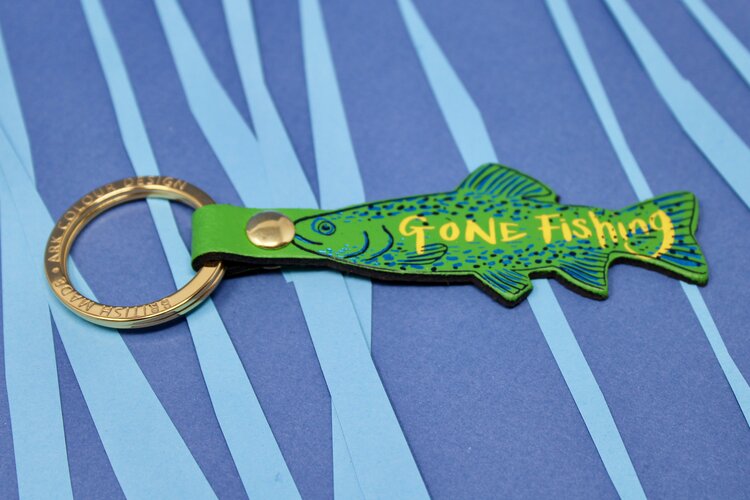 'Gone Fishing' Embossed Leather Green Key Ring