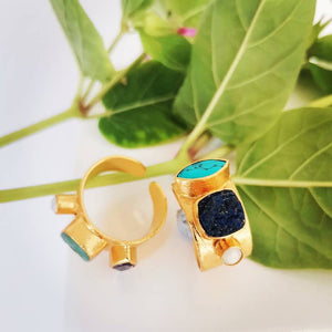 Galata Rough Lapis Lazuli, Turquoise and Pearl ADJUSTABLE Ring - Cast Bronze Gold Plated