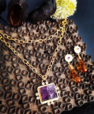 Uncut Amethyst and Citrine Long Necklace Cast Bronze Gold Plated