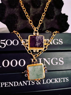 Uncut Aquamarine and Iolite Long Necklace Cast Bronze Gold Plated